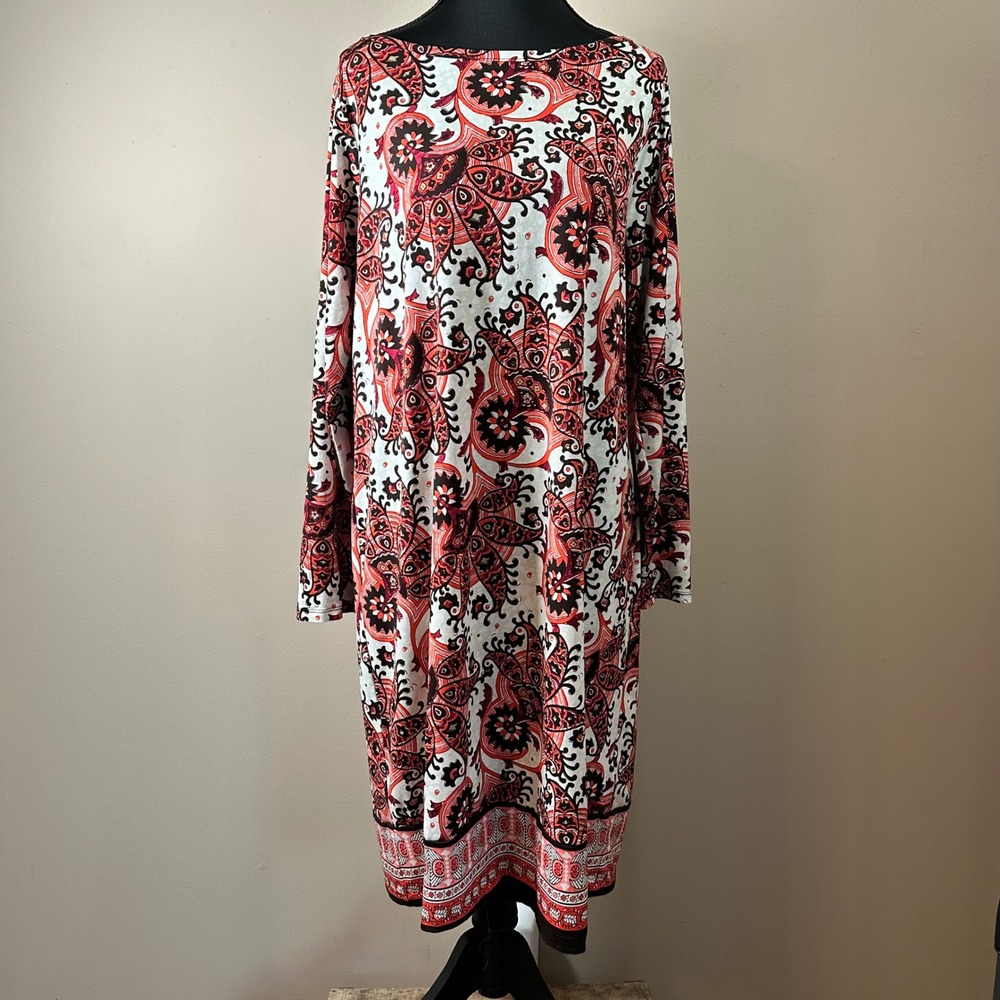 Michael Kors Paisley Print Long Sleeve Knit Dress 1X Coral‎ White